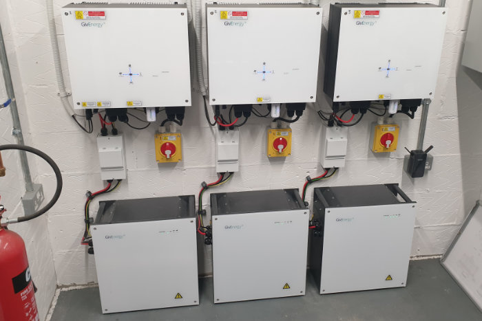 3 x 5kW GivEnergy inverters with 3 x 5.2kW batteries, installed in Bovey Tracey Community Centre 3